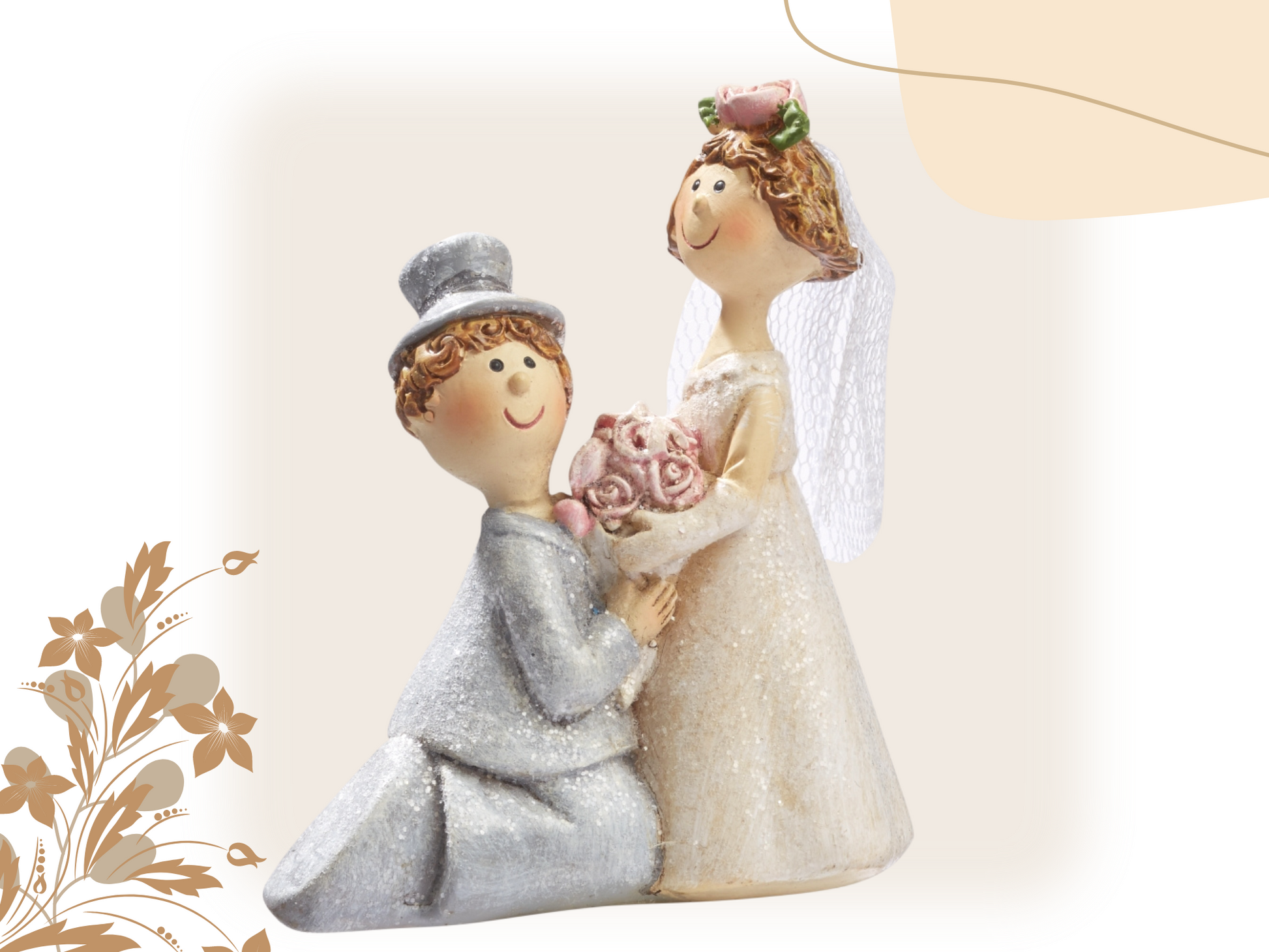 Deko Figur zur Hochzeit | Hochzeitsfigur Bräutigam kniet vor seiner Braut | Tortenfigur Brautpaar in grau beige mit Glitzer