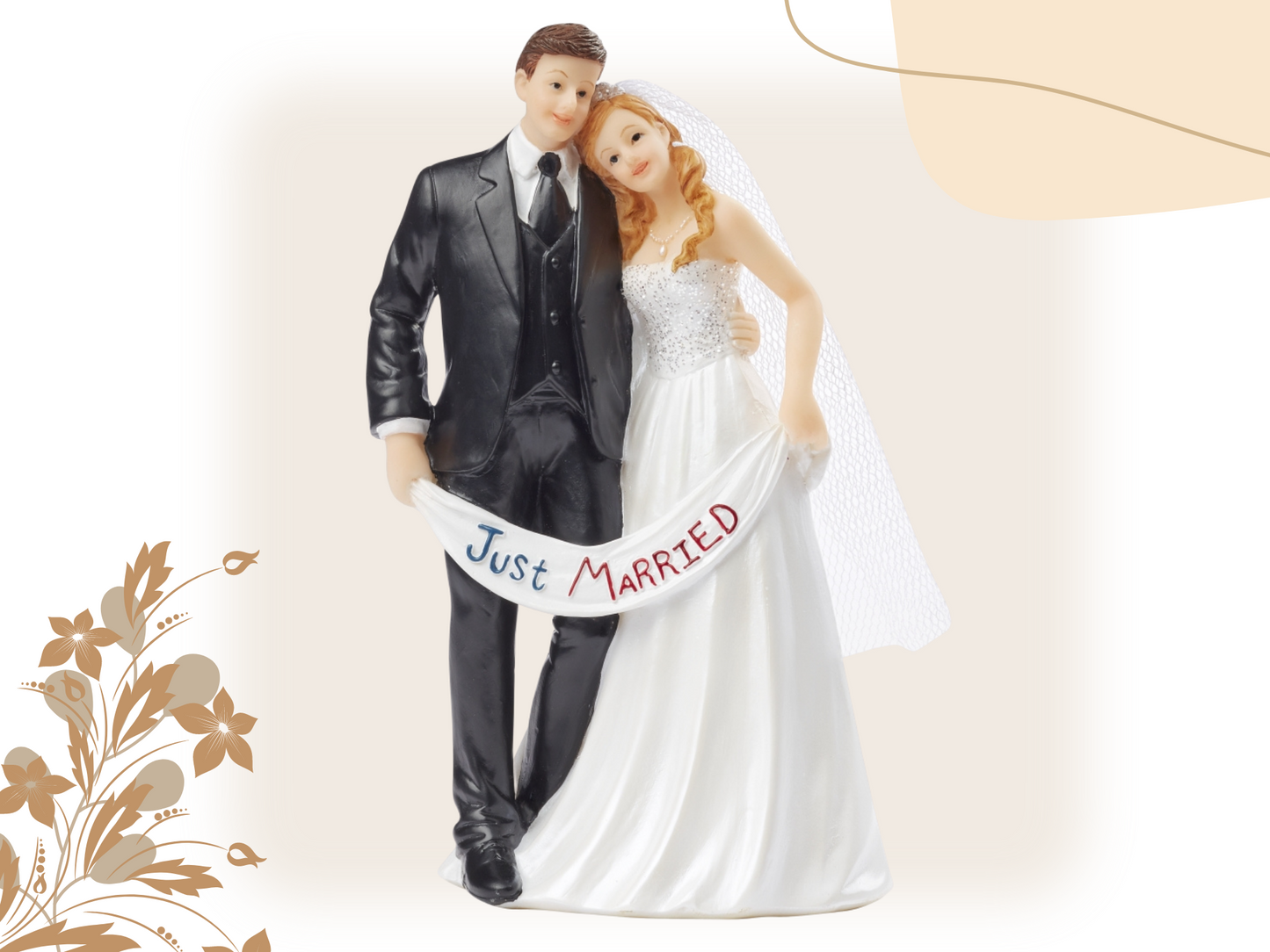 Figur zur Hochzeit | Brautpaar mit Banner Just Married | Hochzeitspaar als Tortenfigur