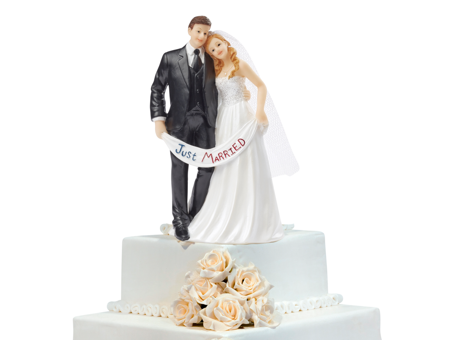 Figur zur Hochzeit | Brautpaar mit Banner Just Married | Hochzeitspaar als Tortenfigur