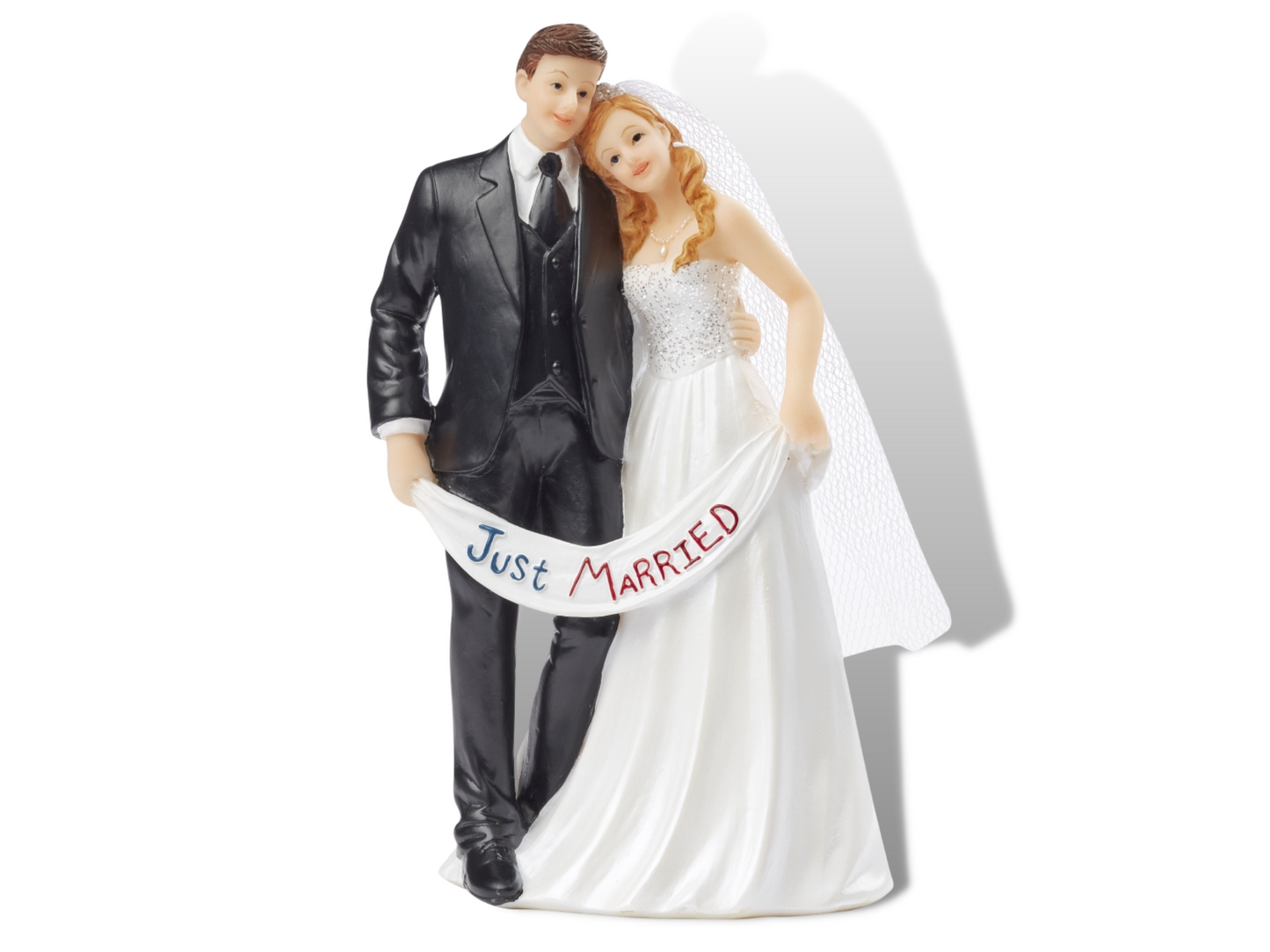 Figur zur Hochzeit | Brautpaar mit Banner Just Married | Hochzeitspaar als Tortenfigur